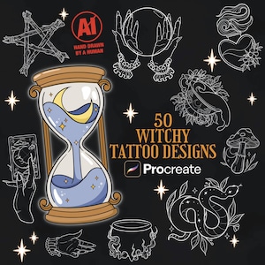 50 diseños de tatuajes de brujas Pinceles de Procreate / Diseños de brujas / Sellos de Procreate / Diseños de tatuajes góticos / Diseños de flash para tatuajes
