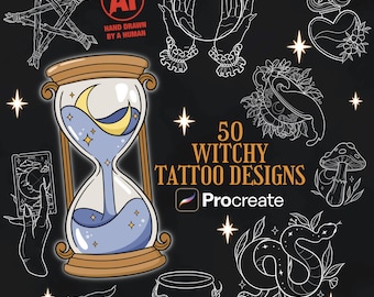 50 Witchy Tattoo Designs Procreate Brushes | Witch Designs | Procreate Stamps | Gothic Tattoo Designs | Tattoo Flash Designs