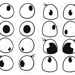 May include: A set of 12 black and white cartoon eyes with different expressions. The eyes are drawn in a simple, playful style and are perfect for adding personality to crafts and projects.