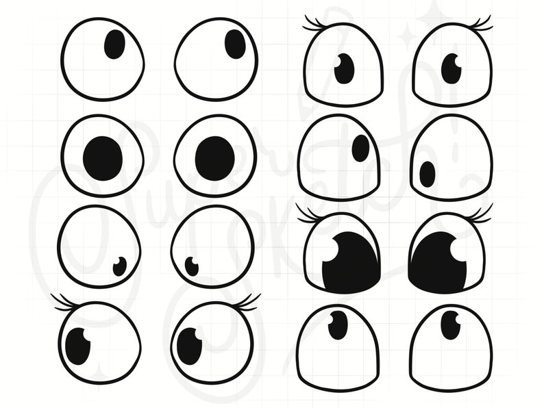 May include: A set of 12 black and white cartoon eyes with different expressions. The eyes are drawn in a simple, playful style and are perfect for adding personality to crafts and projects.