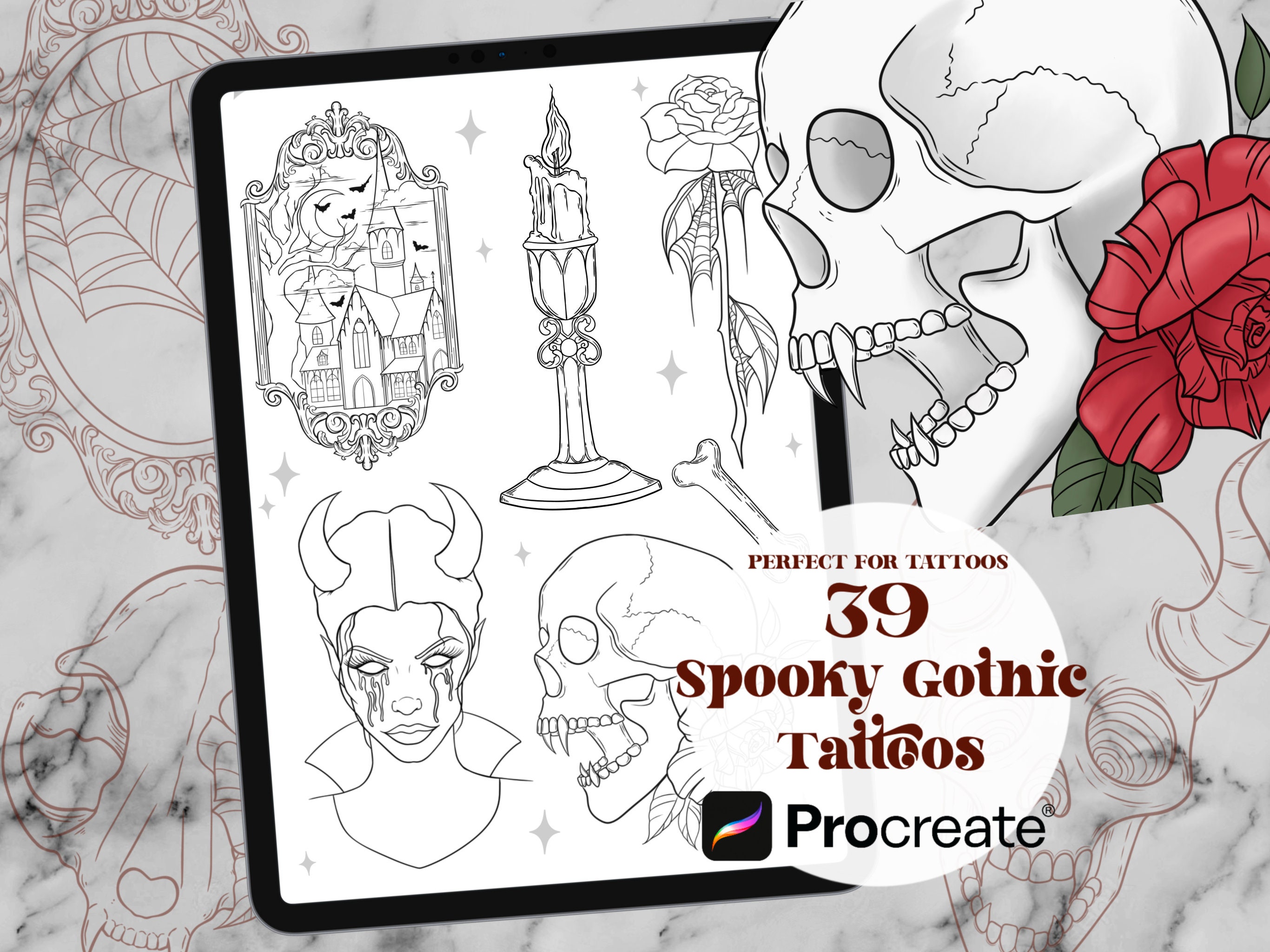 39 Spooky Gothic Tattoo Procreate Brushes | Halloween Procreate Stamps ...