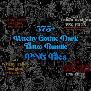 Może przedstawiać: Kolekcja ponad 375 czarodziejskich, gotyckich, ciemnych wzorów tatuaży w formacie PNG. Wzory obejmują czaszki, kwiaty, świece, lustra i inne symbole okultystyczne.