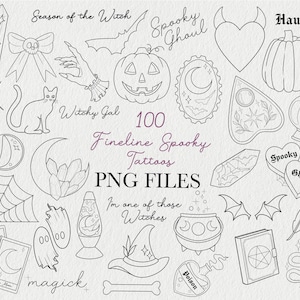 May include: A collection of 100 fineline spooky tattoo designs in PNG format. The black and white illustrations include a pumpkin, cat, spider, witch hat, potion bottle, Ouija board, and other Halloween-themed elements.