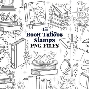 Op de afbeelding: Zwart-wit illustraties van boeken, zwaarden en bloemelementen. De tekst "45 Book Tattoos Stamps PNG FILES" wordt weergegeven. De afbeelding toont verschillende boekontwerpen met decoratieve details.