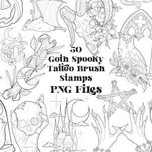 May include: A set of 50 black and white gothic tattoo brush stamps. The stamps feature various spooky designs, including skulls, bats, owls, pumpkins, and more. The text "50 Goth Spooky Tattoo Brush Stamps PNG Files" is written in bold letters.