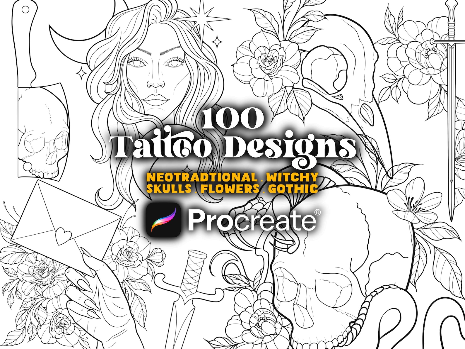 100 Dark and Gothic Tattoo Designs Procreate Tattoo Brush Set ...