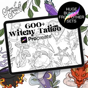 Pode incluir: Uma ilustração digital de uma tela de tablet que exibe mais de 600 designs de tatuagens de bruxas Procreate. Os designs incluem uma caveira, uma cobra, um relógio de areia, um cogumelo e outros símbolos de bruxas. O tablet é cercado por outras ilustrações de bruxas, incluindo um cristal, um caldeirão e um dragão.