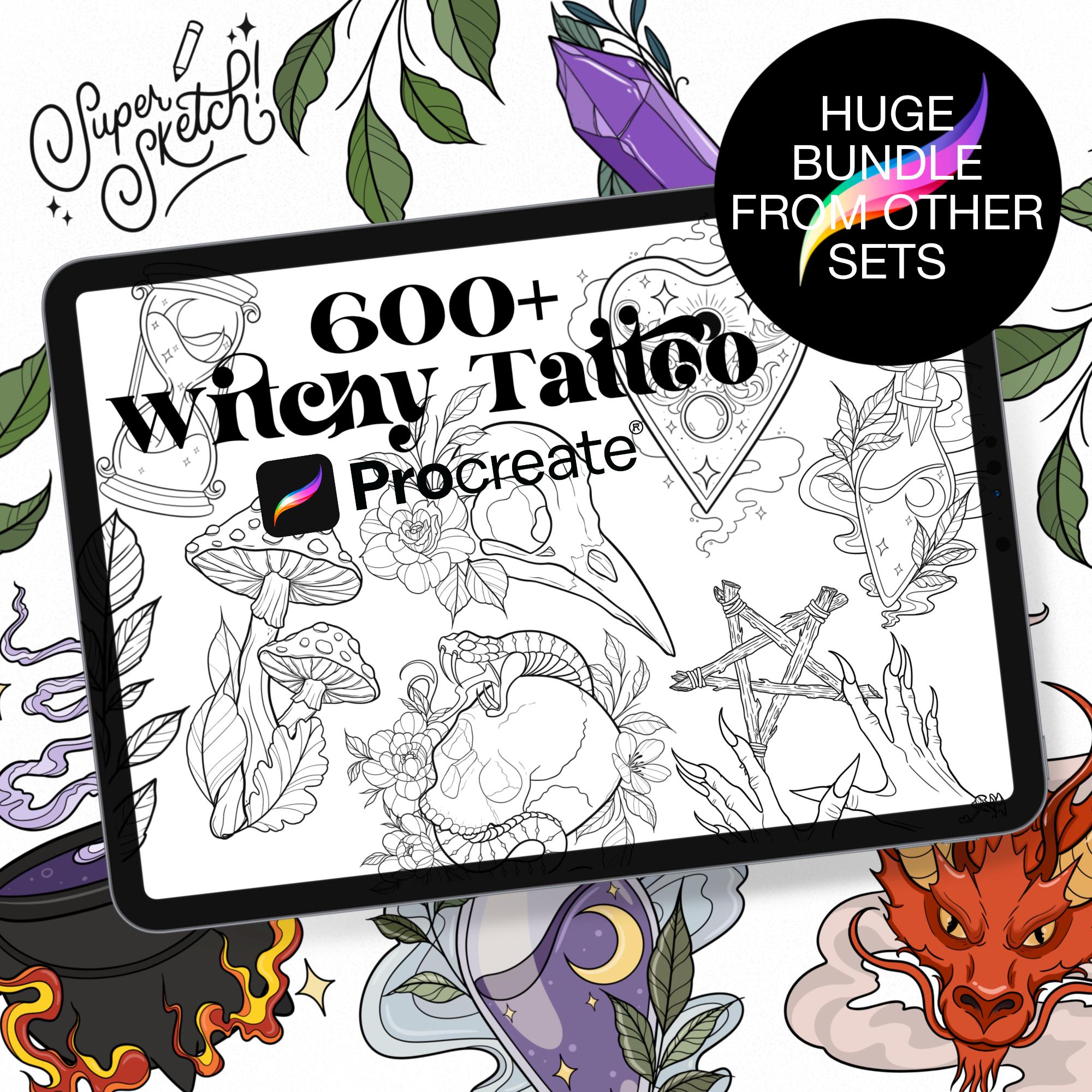 600+ Witchy Gothic Dark Tattoo Procreate Brush Stamps Neo Traditional ...