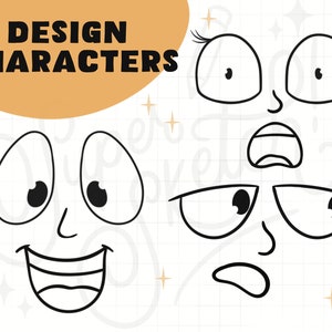 May include: A black and white illustration of different cartoon eyes, mouths, and eyebrows. The illustration is on a white background with a grid pattern. The text "DESIGN CHARACTERS" is in black text on a brown background.