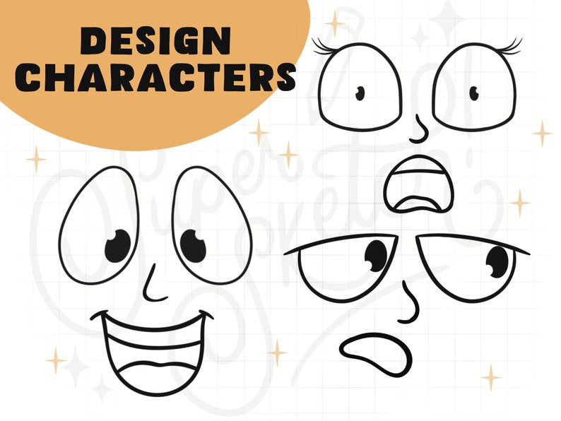 May include: A black and white illustration of different cartoon eyes, mouths, and eyebrows. The illustration is on a white background with a grid pattern. The text "DESIGN CHARACTERS" is in black text on a brown background.