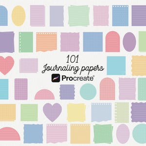 May include: A collection of 101 digital journaling papers in various pastel colors, shapes, and textures, including lined, grid, and dotted patterns. The text 101 Journaling papers Procreate is centered in the middle of the image.