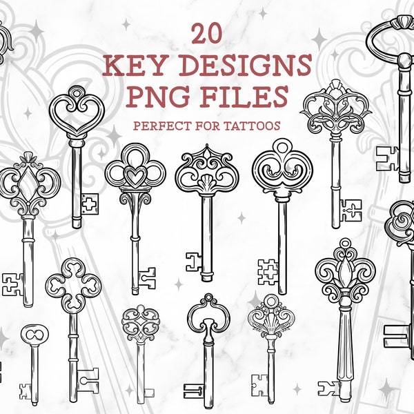 20 Antique Keys Tattoo PNG Files | Antique Keys Tattoo Designs | Key Doodles | Tattoo Flash PNG | png cricut files | Key Illustrations