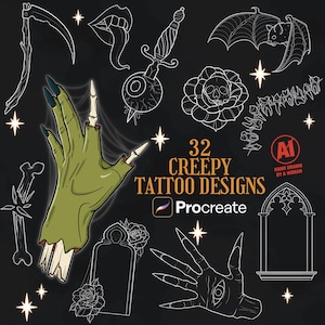 32 Creepy Tattoo Procreate Brushes | Horror Tattoo Procreate Stamps | Spooky Tattoo Designs | Dark Gothic Tattoo Procreate Brush Stamps