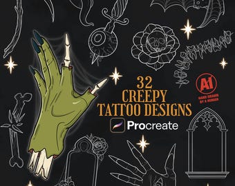 32 Creepy Tattoo Procreate Brushes | Horror Tattoo Procreate Stamps | Spooky Tattoo Designs | Dark Gothic Tattoo Procreate Brush Stamps