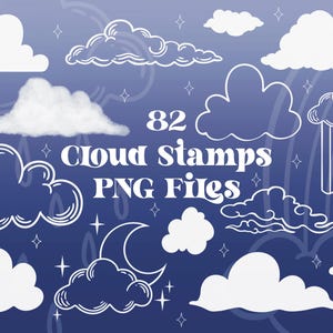 May include: A set of 82 cloud stamps in PNG format. The clouds are white and are on a blue background. The text "82 Cloud Stamps PNG Files" is in white letters on a blue background.