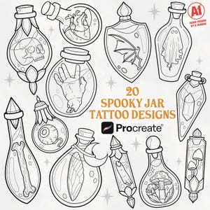 May include: A collection of 20 black and white line art tattoo designs featuring various glass jars containing items like a skull, heart, hand, bat wing, ghost, eye, bone, insect wing, finger, and mushrooms with the text 20 SPOOKY JAR TATTOO DESIGNS.