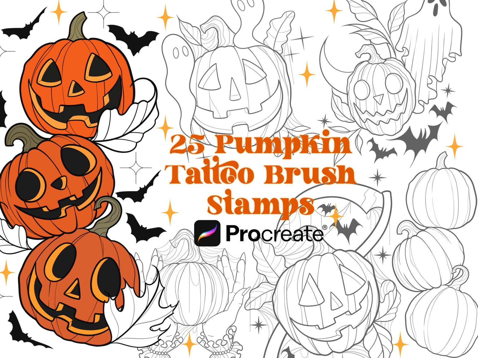 25 Pumpkin Tattoo Designs Procreate Brush Stamps | Halloween Tattoo ...