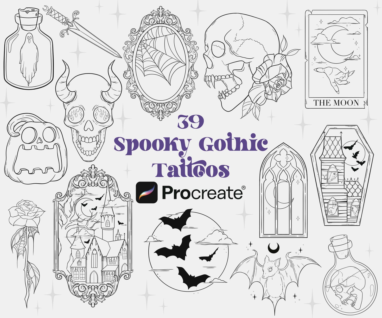 39 Spooky Gothic Tattoo Procreate Brushes | Halloween Procreate Stamps ...