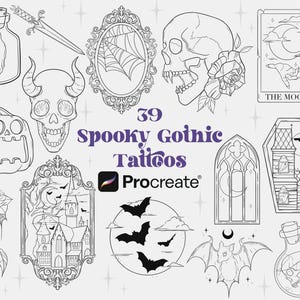 39 Spooky Gothic Tattoo Procreate Brushes | Halloween Procreate Stamps | Skull Procreate Stamps | Decorative Tattoo Brush Set | Tattoo Flash