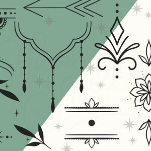 Op de afbeelding: Een set zwart-witte lijnkunst illustraties met verschillende bloem- en geometrische ontwerpen. De ontwerpen omvatten een bloem, bladeren, een pijl, een diamant en een reeks decoratieve elementen.