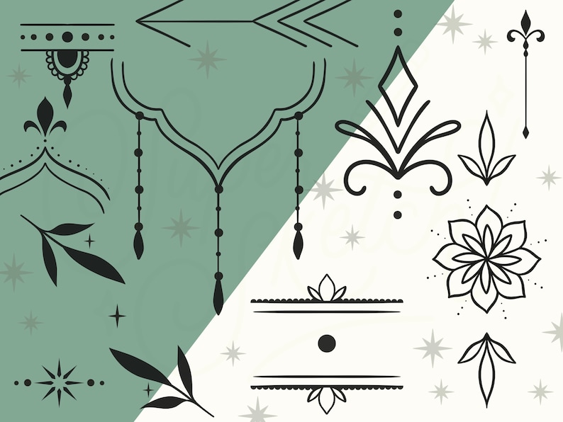 Op de afbeelding: Een set zwart-witte lijnkunst illustraties met verschillende bloem- en geometrische ontwerpen. De ontwerpen omvatten een bloem, bladeren, een pijl, een diamant en een reeks decoratieve elementen.