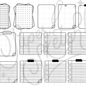 May include: A set of 10 printable planner stickers featuring different styles of paper, including lined, grid, and dotted. The stickers are black and white and have a simple, minimalist design.