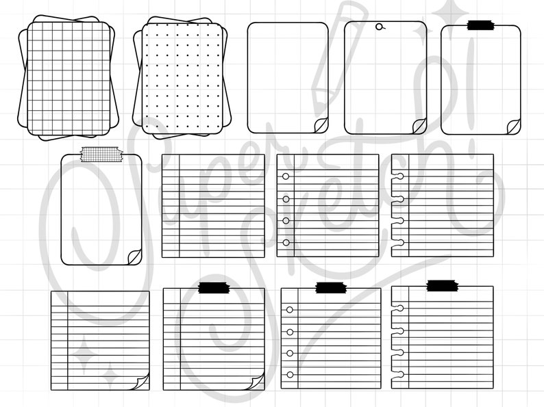 May include: A set of 10 printable planner stickers featuring different styles of paper, including lined, grid, and dotted. The stickers are black and white and have a simple, minimalist design.