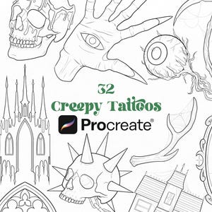 32 Creepy Tattoo Procreate Brushes | Horror Tattoo Procreate Stamps | Spooky Tattoo Designs | Dark Gothic Tattoo Procreate Brush Stamps