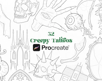 32 Creepy Tattoo Procreate Brushes | Horror Tattoo Procreate Stamps | Spooky Tattoo Designs | Dark Gothic Tattoo Procreate Brush Stamps