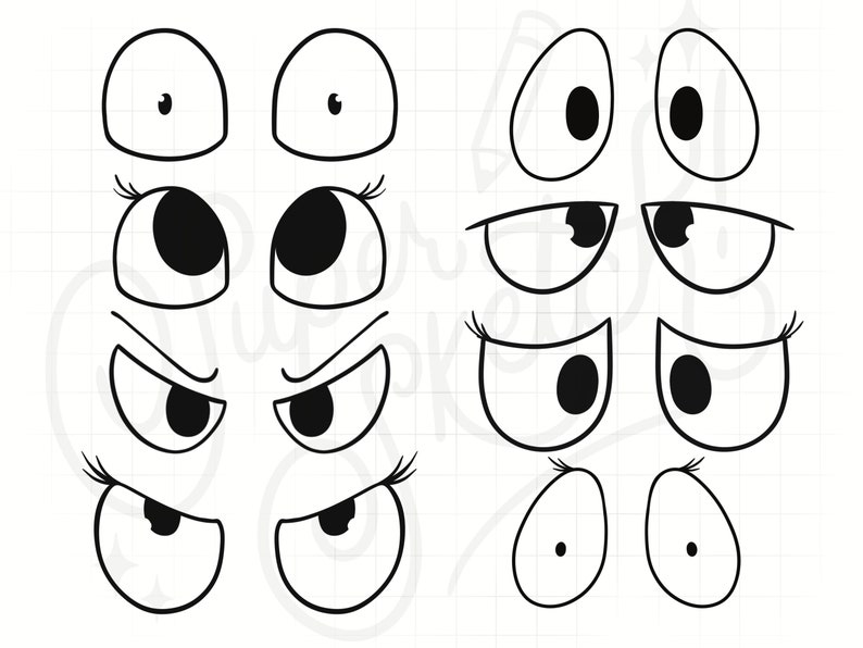 May include: A set of black and white cartoon eyes with different expressions, including happy, sad, angry, and surprised. These eyes are perfect for crafting projects, scrapbooking, or adding a fun touch to any design.