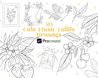 30種類のかわいいフラッシュタトゥー Procreate ブラシ | Procreate スタンプ | パッチワークタトゥー | 虫のタトゥー | フルーツタトゥー | 装飾タトゥー | 人気