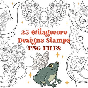 May include: A set of 25 Cottagecore design stamps, featuring images of a teapot, a teacup, a bee, a snail, a frog, a mushroom, and a crystal bottle. The text "25 Cottagecore Designs Stamps PNG Files" is written in red.