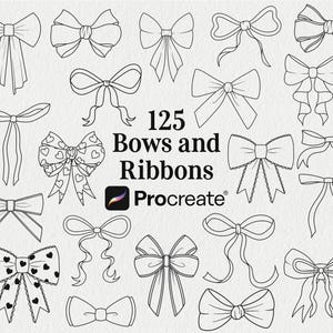 Könnte beinhalten: Schwarz-weiße Illustration mit 125 Schleifen- und Banddesigns in verschiedenen Stilen, einige mit Herzmustern. Der Text "125 Bows and Ribbons Procreate" ist ebenfalls enthalten.