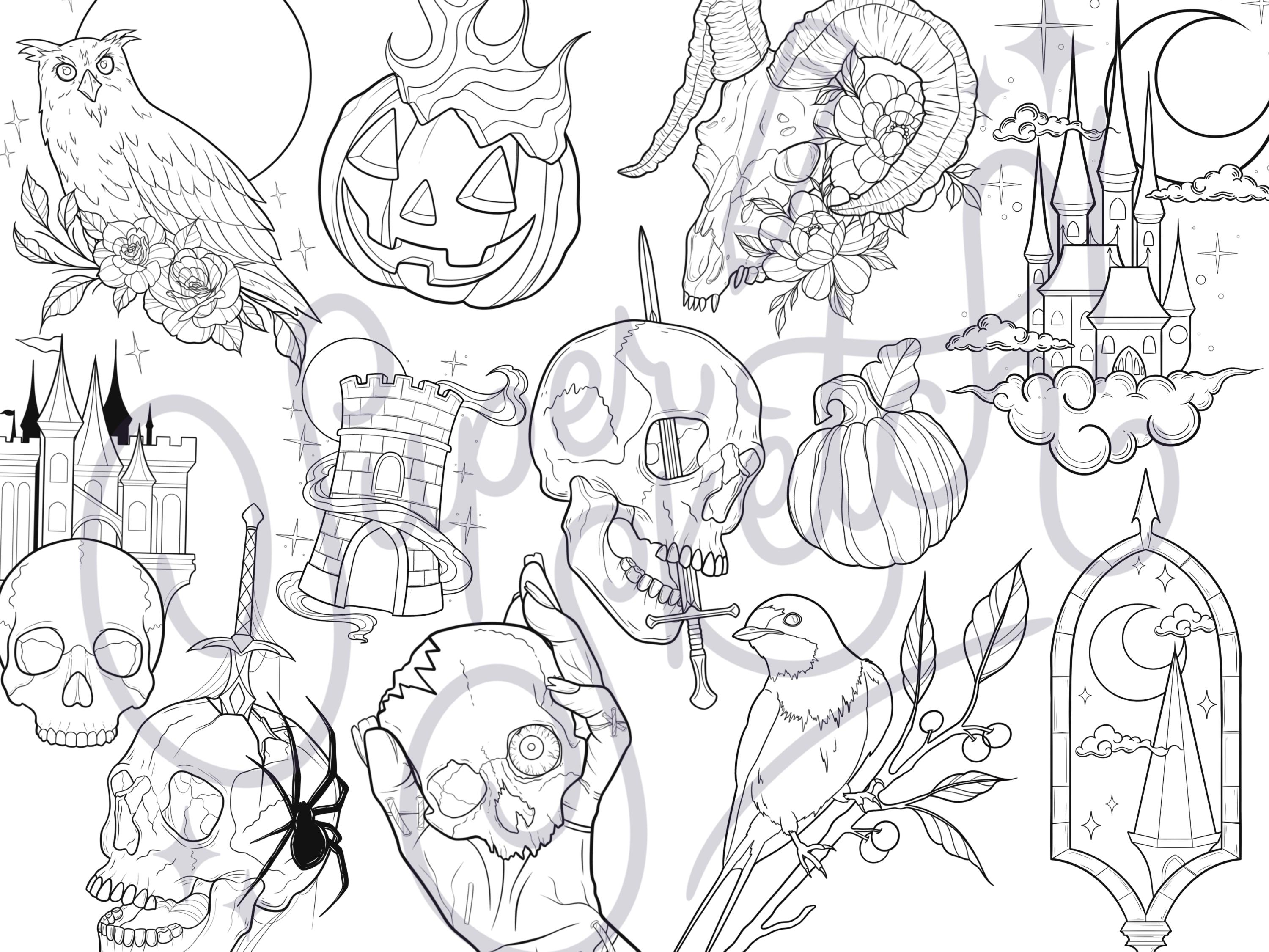 50 Goth Procreate Tattoo Stamps | Halloween Tattoo Flash | Procreate ...