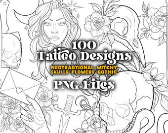 100 Dark and Gothic Tattoo Designs PNG Files | Neotraditional Tattoo | Tattoo Flash Brushes | Digital Tattoo Designs | Skull Tattoo Stencil