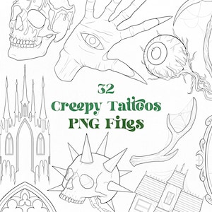 32 Creepy Tattoo PNG Files | Horror Tattoo PNG files | Spooky Tattoo Designs | Dark Gothic Tattoo Commercial Use Pngs