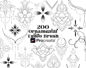 May include: A set of 200 black and white ornamental tattoo brush designs for Procreate. The designs include flowers, hearts, moons, stars, and geometric shapes.