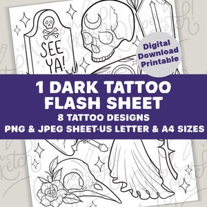 Dark Tattoo Flash Sheet | 8 Tattoo Designs PNG JPEG Digital Download Tattoo Sheet | Gothic Tattoo Flash Sheet | Friday the 13th Flash Sheet