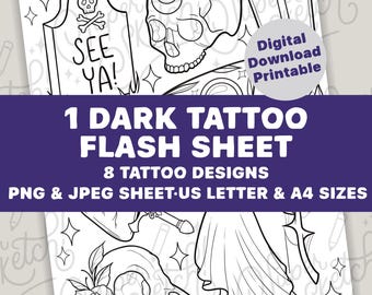 Dark Tattoo Flash Sheet | 8 Tattoo Designs PNG JPEG Digital Download Tattoo Sheet | Gothic Tattoo Flash Sheet | Friday the 13th Flash Sheet