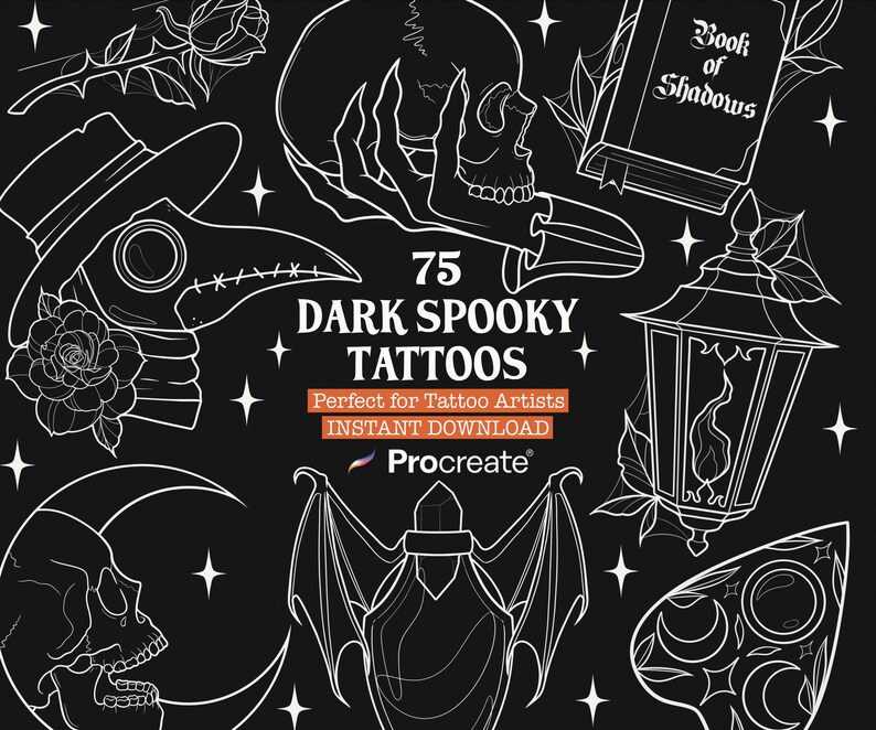 75 Dark Spooky Tattoos Procreate Brush Stamps | Halloween Tattoos ...