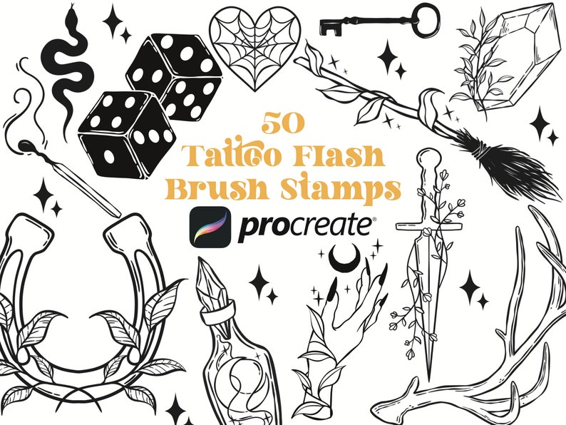 50 Tattoo Flash Brush Stamps | Procreate Brush | Tattoo Procreate ...