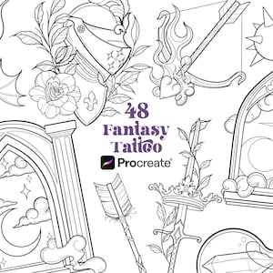 Puede incluir: Un conjunto de 48 diseños de tatuajes de fantasía en blanco y negro para Procreate. Los diseños incluyen un casco de caballero, una espada, una corona, una flecha, una botella, una ventana y una rosa.