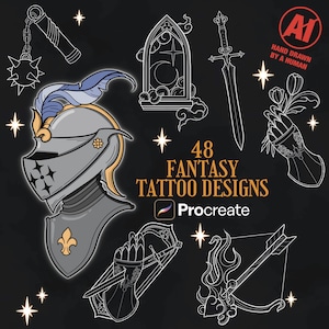 48 Fantasy-Gothic-Tattoo-Stempel für Procreate | Fantasy-Tattoo-Designs für Procreate | Procreate-Pinsel | Gothic-Tattoo-Stempel für Booktok-Tattoo-Designs
