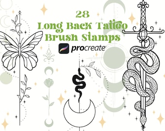 May include: 28 black and white brush stamps for Procreate, featuring tattoo-style designs like a butterfly, a snake wrapped around a sword, and a crescent moon.