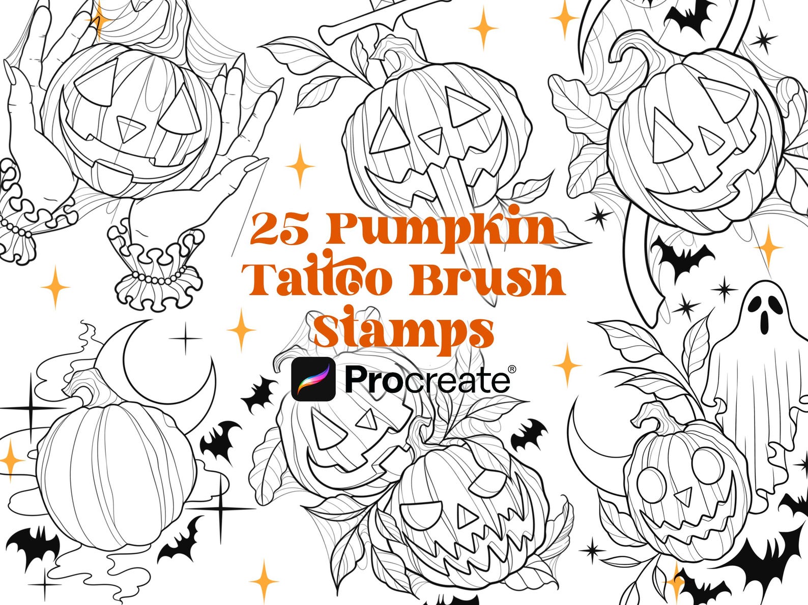 25 Pumpkin Tattoo Designs Procreate Brush Stamps | Halloween Tattoo ...