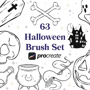 May include: A set of 63 Halloween themed Procreate brushes. The brushes include images of a skull, a cauldron, a ghost, a pumpkin, a coffin, a witch's broom, and a haunted house.
