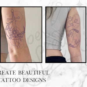 May include: Two images of tattoo designs on a person's arm. The first image shows a sword and crescent moon with a flower. The second image shows two hands holding a crescent moon.