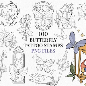 May include: A set of 100 butterfly tattoo stamps in PNG files. The designs feature butterflies with floral and celestial elements, a sword, a hand, and a lantern. The images are in black and white with some colour accents.