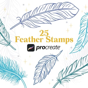 May include: 25 feather stamps for Procreate, a digital art app. The stamps are in various shades of blue and green, with a white background and gold stars.