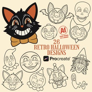 Może przedstawiać: Kolekcja 26 wzorów w stylu retro na Halloween, przedstawiająca czarnego kota z pomarańczową kokardą, nietoperza, czaszkę, dynię, księżyc, ducha i czarownicę. Tekst głosi 26 RETRO HALLOWEEN DESIGNS, AI HAND DRAWN BY A HUMAN oraz Procreate.